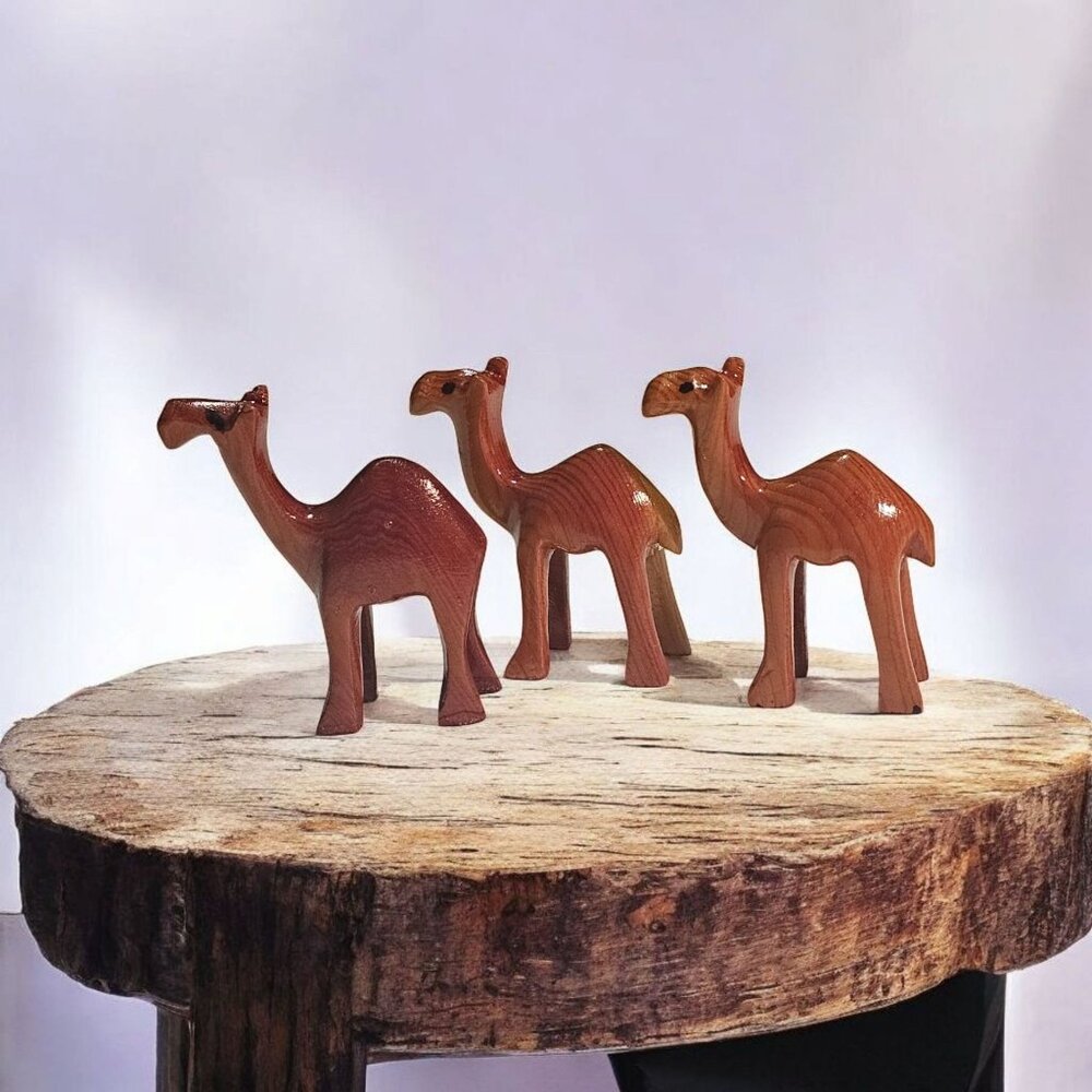 Hand Carved Wooden Camels 3 Pc Christmas Nativity Pieces 2" Tall And Long
